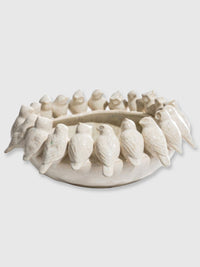 Bowl with Perched Birds & Owls - White Ceramic - REPAIRED