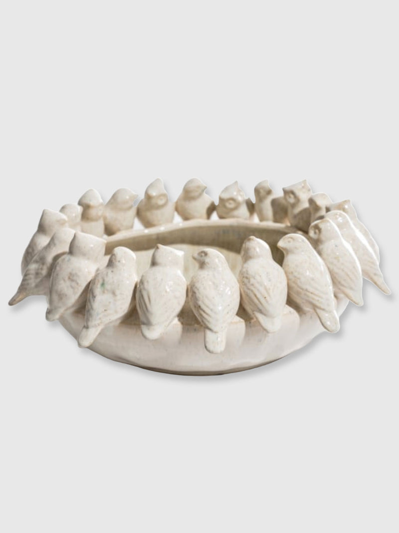 Bowl with Perched Birds & Owls - White Ceramic