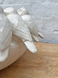 Bowl with Perched Birds & Owls - White Ceramic - REPAIRED