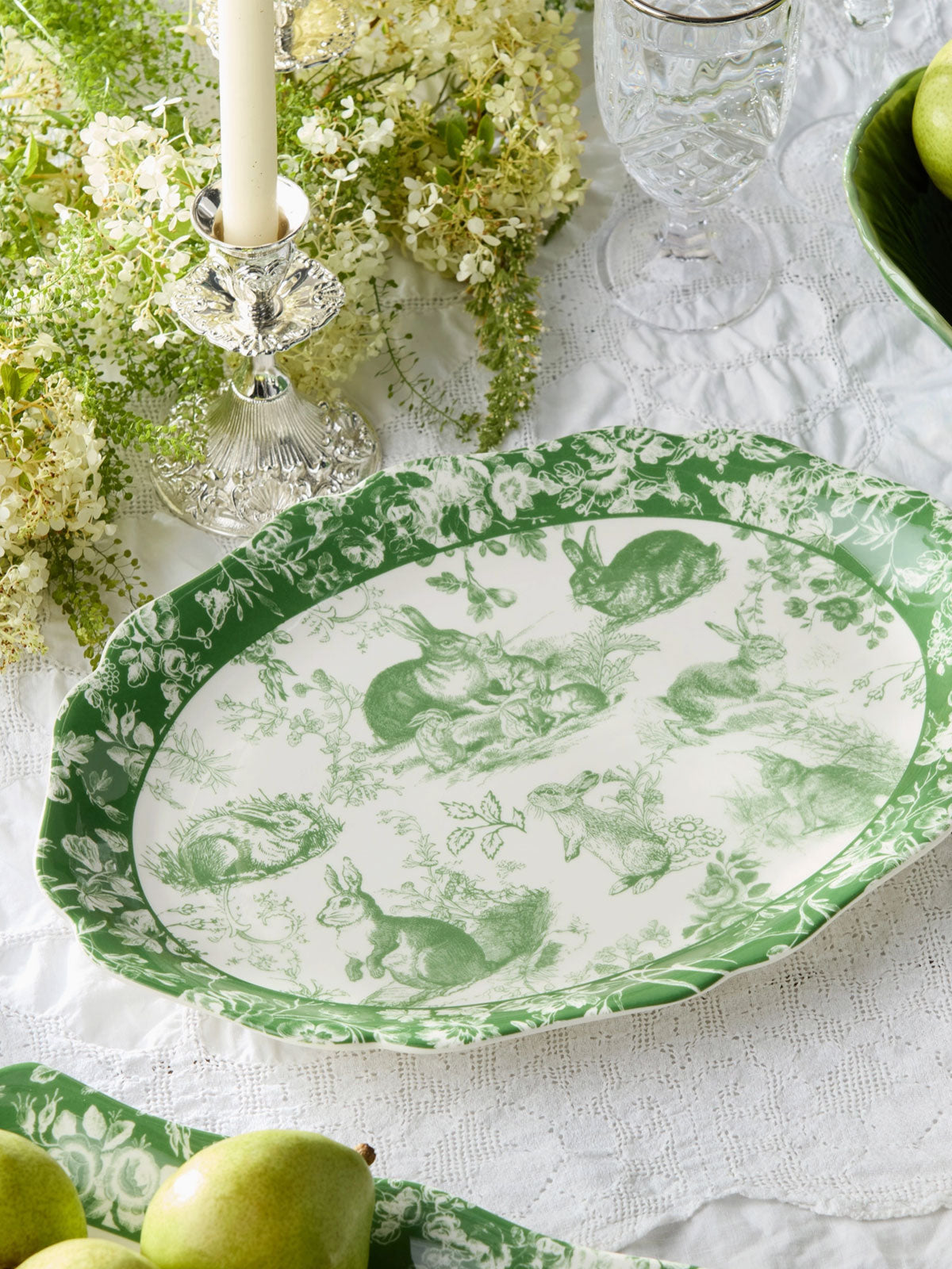White & Green Rabbit Garden Serving Large Oval Platter