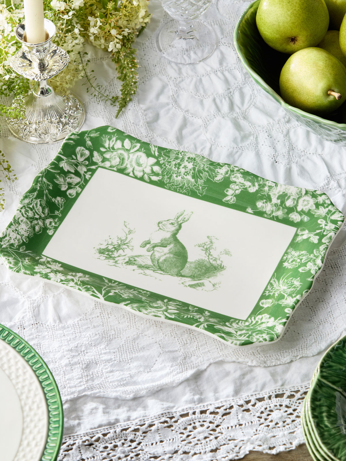 White & Green Rabbit Garden Serving Rectangular Platter