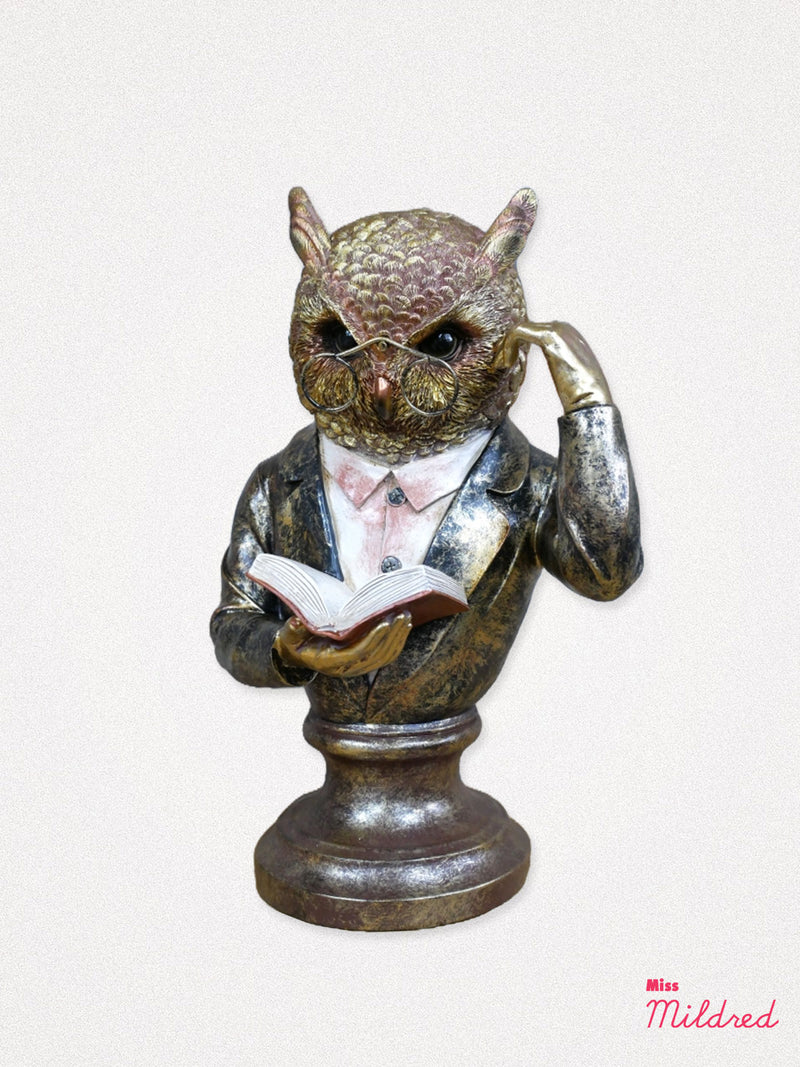 Wise Owl Reading a Book Bust - Bronze and Gold