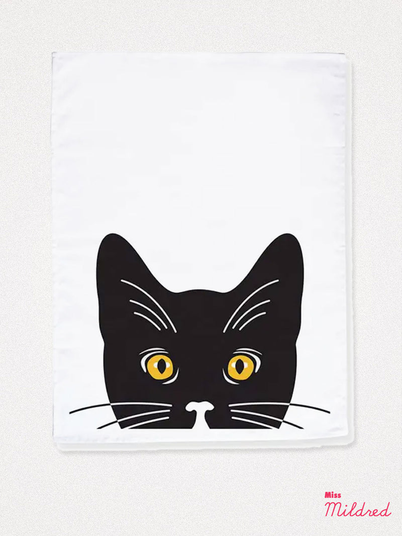 Black Cat Yellow Eyes - Cotton Tea Towel