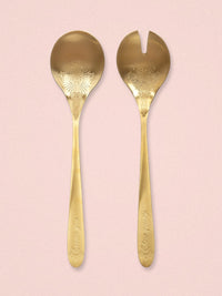 Yvonne Ellen Gold Engraved Salad Server Spoons - Set of 2