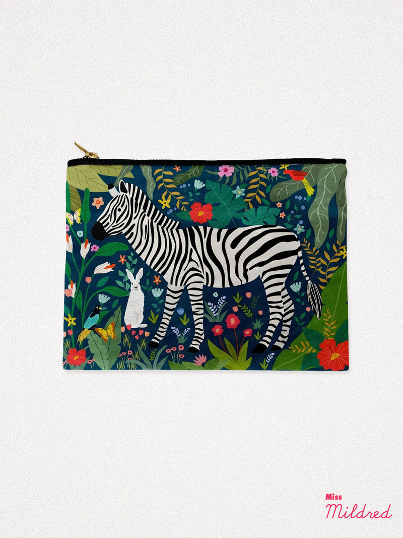 Zip Up Pouch Cosmetic Bag - Forest Zebra