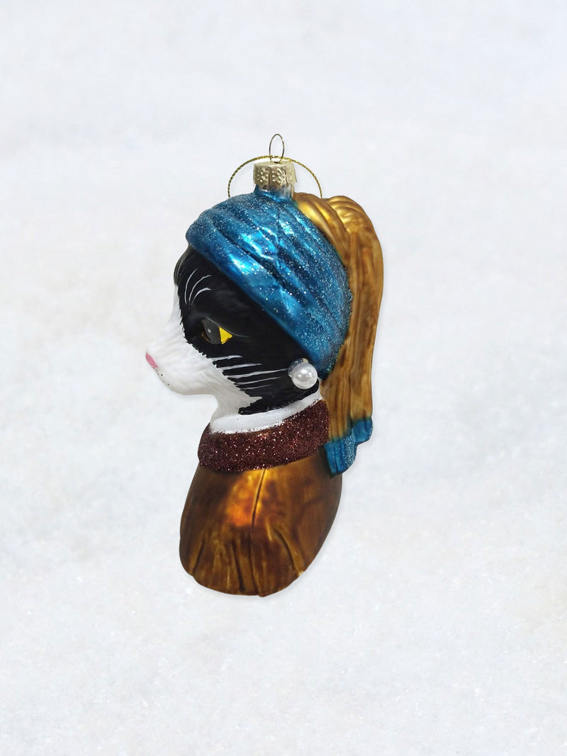 Christmas Ornament - Black Cat with a Pearl Earring
