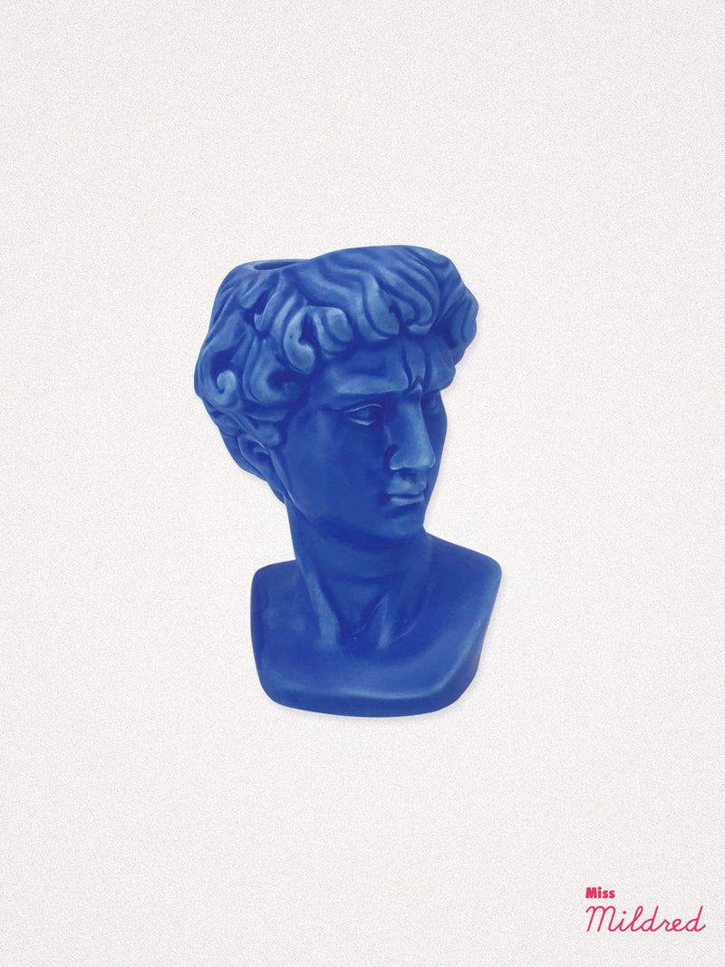 Small Greek David Head Bust Planter Pot - Blue