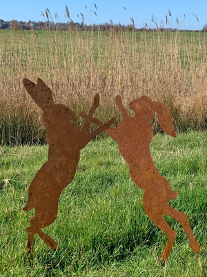 Metal Rusty 'Boxing Hares' Stake Sign