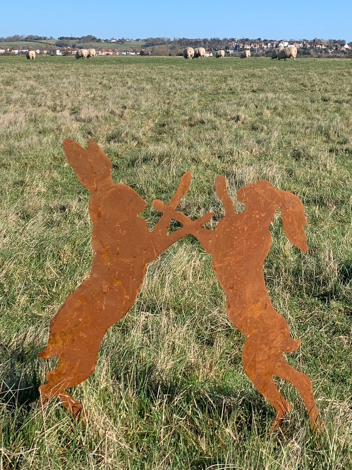 Metal Rusty 'Boxing Hares' Stake Sign