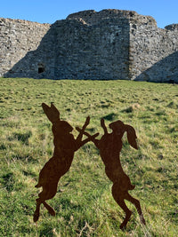 Metal Rusty 'Boxing Hares' Stake Sign
