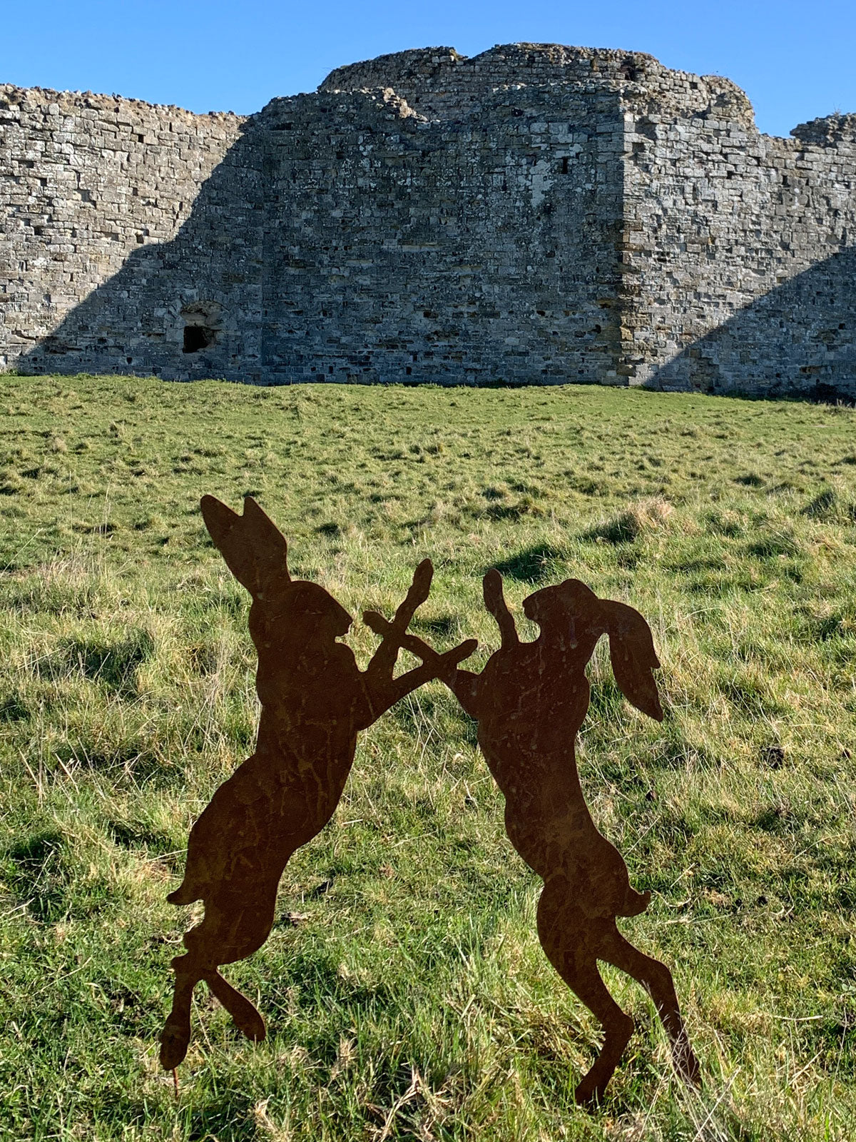 Metal Rusty 'Boxing Hares' Stake Sign