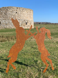 Metal Rusty 'Boxing Hares' Stake Sign