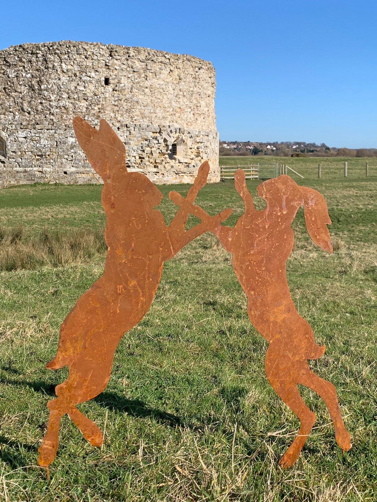 Metal Rusty 'Boxing Hares' Stake Sign