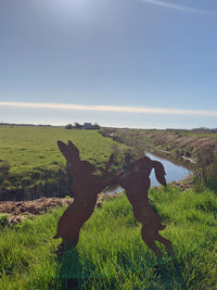 Metal Rusty 'Boxing Hares' Stake Sign