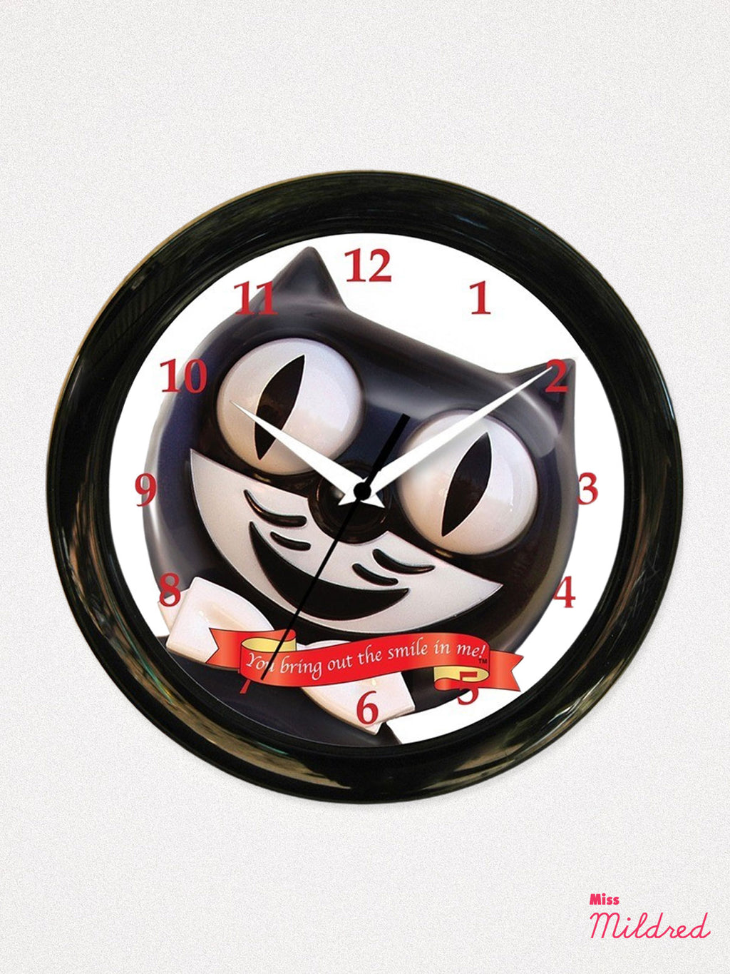 Round Smiling Black Cat Wall Clock - 12″