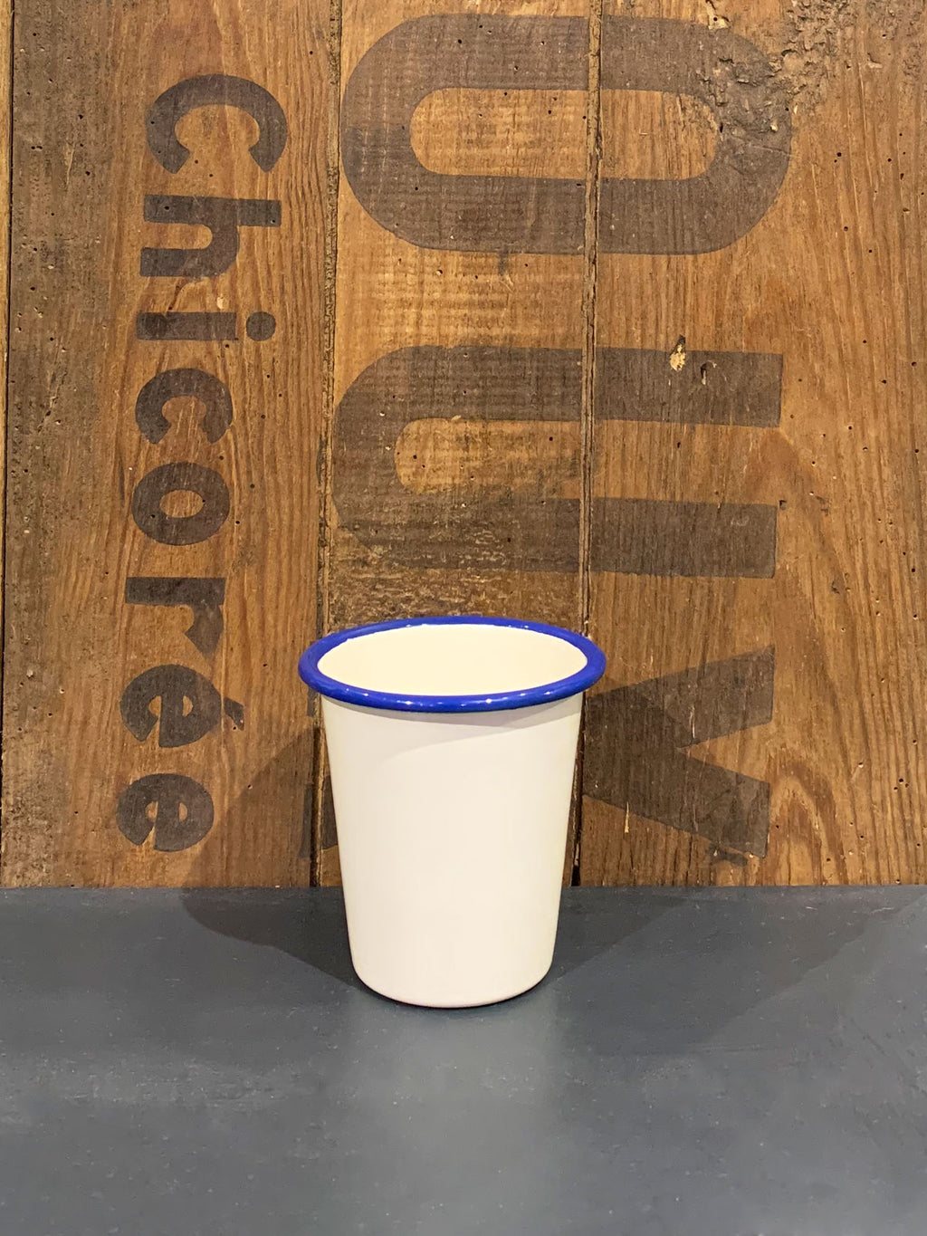Cream & Blue Enamel Beaker / Cup